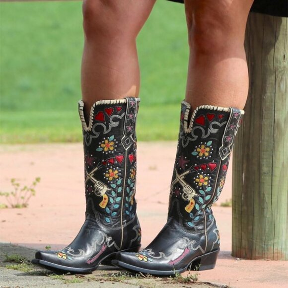 Women's Black Floral Embroidered Cowgirl Boots Chunky Low Heels Pull On - Picture 4 of 6